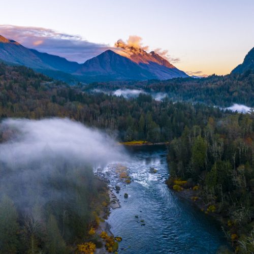 Aerial view of the Skyhomish River at Mount Index, Washington, USA